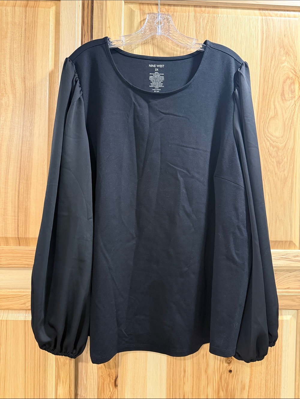 Nine West Black Women’s Size 2X Classy Balloon Sleeve Crewneck Blouse Top